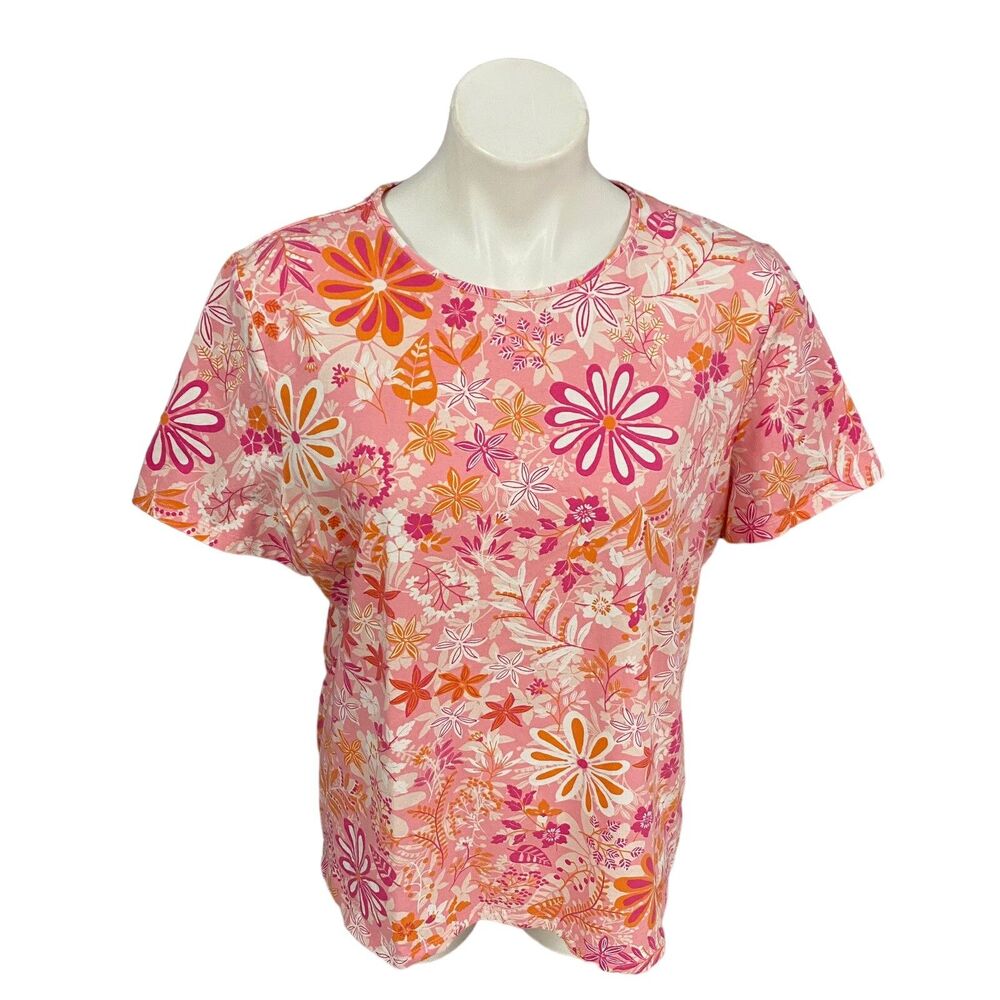 Talbots Top Womens XL Tee Floral Shirt Pink Orange Work Office Coastal Cottage - Picture 10 of 12